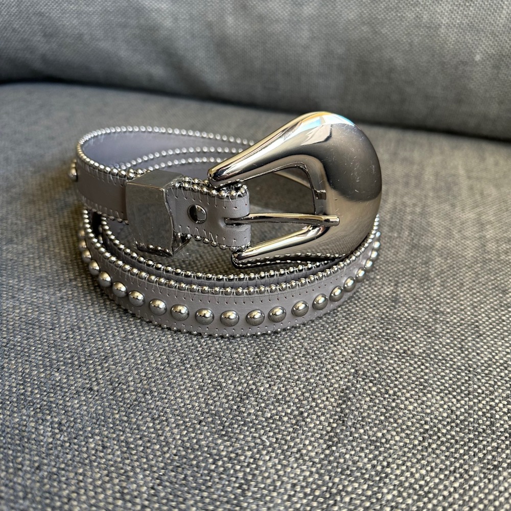 B-Low The Belt Grey Leather Studded Western Buckle Ball Chain Belt Medium